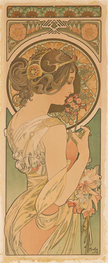 ALPHONSE MUCHA (1860-1939).  [LA PLUME ET PRIMEVÉRE.] Pair of decorative panels. 1899. Each 30¼x12¾ inches, 76¾x32¼ cm. [F. Champenois,